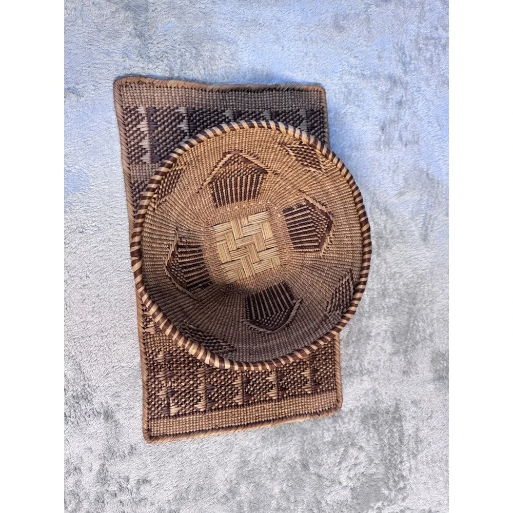 Hand Woven Basket and Mat Set Geometric Tribal Boho Decor Natural Fiber 2 Piece